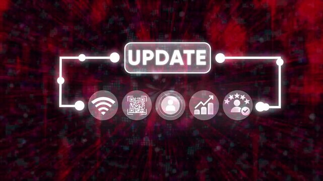 Digital system update concept with futuristic interface on red tech background featuring glowing icons and dynamic motion