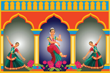 Vector illustration for wedding wallpaper Mughal mural art women dancing in garden arch, Traditional Mughal garden arch with peacock illustration frame for wedding invitation design