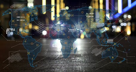 Animation of world map with data processing over pedestrians on city street at night - Powered by Adobe