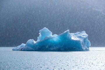 A large blue iceberg floats in calm waters under a snowfall, with icy textures and reflective surface visible.