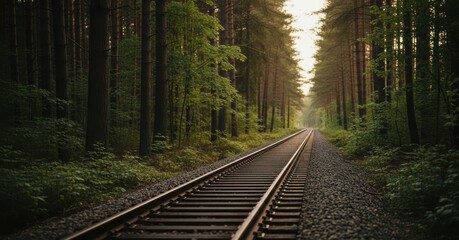 Dramatic Railroad Line Cutting Through a Serene Coniferous Forest Wilderness, Offering a Metaphor for Journey and Sustainable Travel