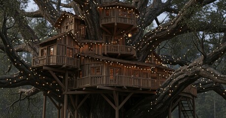 Obraz premium Enchanting Luxury Treehouse at Dusk Illuminated by Warm Fairy Lights, Offering a Magical Glamping Escape Destination.