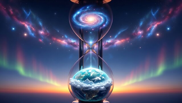 Hourglass with Earth and Galaxy Time Concept in Cosmic Space with Nebula Light - Powered by Adobe