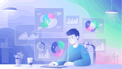 Data Analyst Immersed in Visualized Analytics and Insights on Screen.