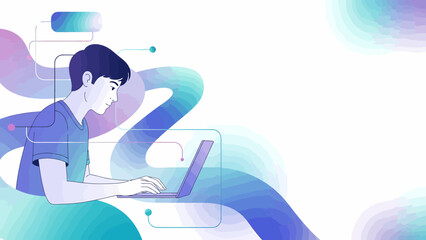 Focused Young Man Working on Laptop with Abstract Technology Background.