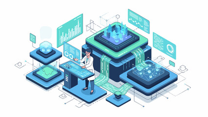 Isometric Data Analysis and Processing System Illustration.