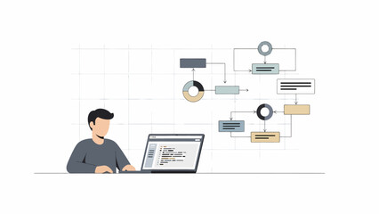 Man Analyzing Data Flow Diagram on Laptop for Business Strategy.