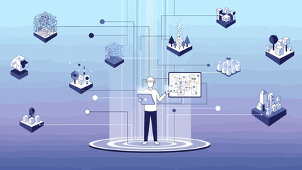 Isometric Metaverse Integration Man with Laptop Connecting to Virtual Worlds.