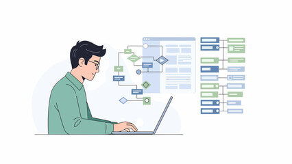 Man Analyzing Data Flowchart on Laptop Screen with Focus and Precision.