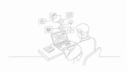 Line Art Illustration of a Man Working on a Laptop with Cloud Icons.