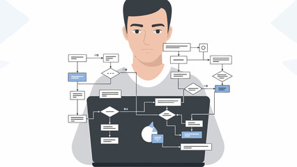 Man Analyzing Flowchart on Laptop Screen Software Development Concept.