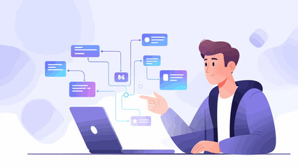 Man Analyzing Workflow Diagram on Laptop Pointing at Data Flow.