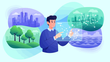 Man Interacting with Digital Interface Displaying City Nature and Data.