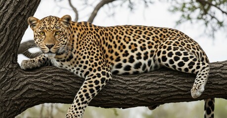 Majestic African Leopard Resting on a Large Tree Branch in the Wilderness, Symbolizing Power and Natural Beauty for Safari Promotion.