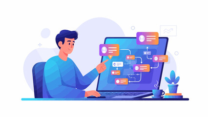 Man Analyzing Workflow Diagram on Laptop Optimizing Business Processes.