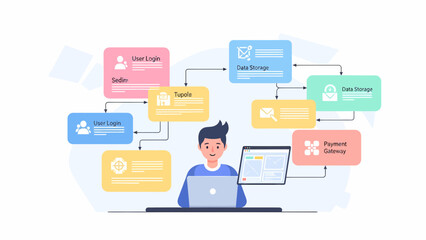 Man working on a complex workflow diagram on his laptop.