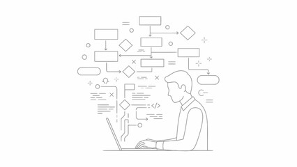 Man working on flowchart with laptop illustrating process optimization.
