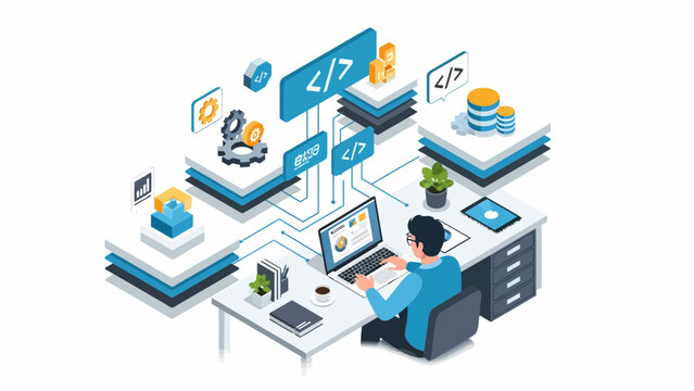 Isometric Software Development Programmer Coding with Data and Cloud Services.