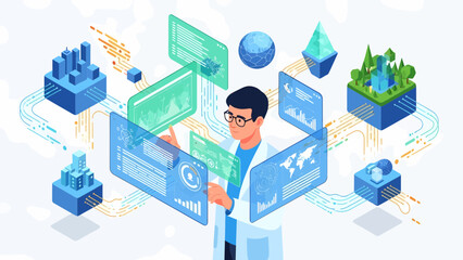 Scientist Surrounded by Holographic Data Displays in a Futuristic Lab.