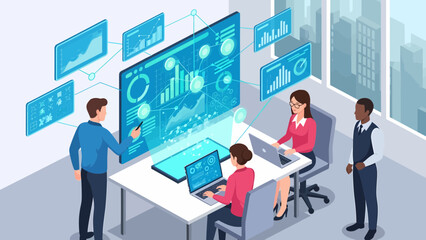Team Analyzing Data on Interactive Screen in Modern Office Setting.