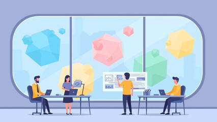 Team Collaboration in a Futuristic Office Space with Space View.