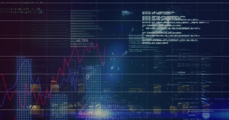 Animation of graphs with data processing on digital interface against building at night - Powered by Adobe