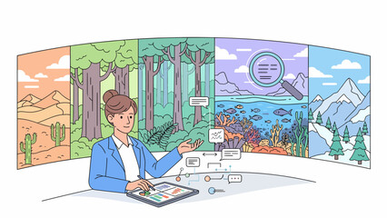 Woman presenting diverse ecosystems on a virtual display with a tablet.