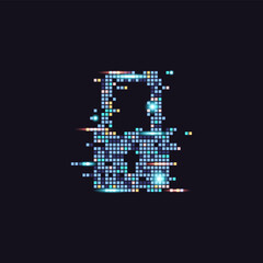 Futuristic digital padlock icon with pixel glitch effect in blue and orange on dark background. Modern visual for cybersecurity, data privacy, and advanced encryption technology concepts. lock icon
