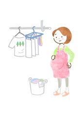 洗濯物を干すエプロン姿の妊婦さんのイラスト