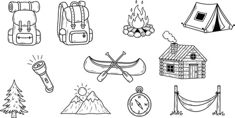 Set hand drawn doodle camping elements. Camping and hiking items. Outdoor recreation concept. Tent, campfire, boat, guitar, bagpack, stars, telescope, map. Flat vector illustration on white background