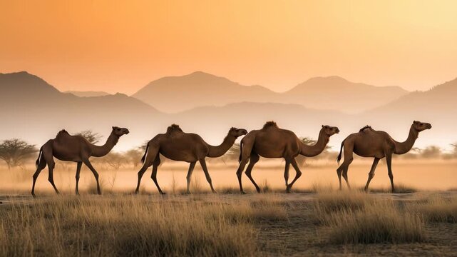 夕焼けの荒地を進むラクダの列、旅情ある風景