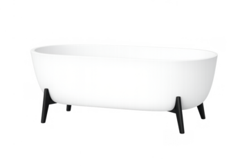 Freestanding white bathtub with black legs, modern bathroom fixture, minimalist contemporary design, comfortable hygiene concept