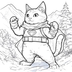 Adorable cat warrior mountain adventure line art coloring