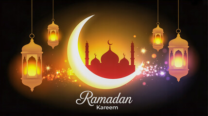 A beautiful ramadan kareem greeting card with glowing crescent moon, mosque silhouette, and hanging lanterns
