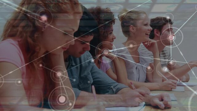 Animation of network of connections over diverse college students studying in class at college