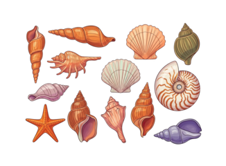 Collection Of Pixel Art Seashells And Starfish In Various Colors And Shapes On A Black Background