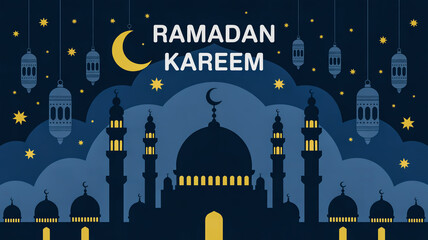 Ramadan kareem greeting with a beautiful mosque silhouette under a starry night sky and crescent moon