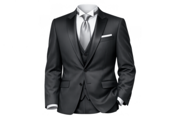 Black tuxedo suit with formal white shirt, gray tie, and vest for men, elegant business attire, transparent background