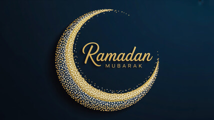 A shimmering golden crescent moon with sparkling dots and elegant 'ramadan mubarak' calligraphy on a dark blue background