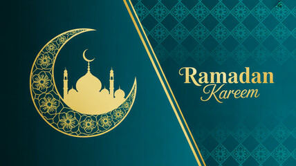 Golden crescent moon and mosque silhouette with elegant ramadan kareem typography on a teal background