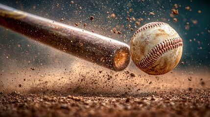 Baseball bat hitting ball with debris flying, motion blur, dynamic action shot