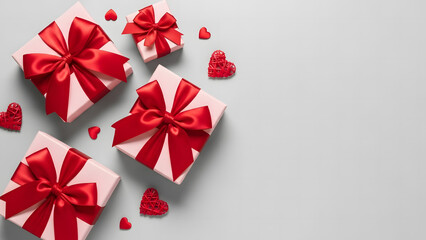 Elegant Gift Boxes with Red Ribbons and Hearts on a Light Blue Background.