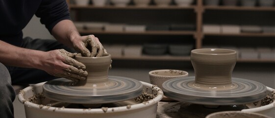 Fototapeta premium A skilled artisan focuses on shaping wet clay on a rotating pottery wheel, capturing the serene atmosphere and meticulous craftsmanship of a creative studio.