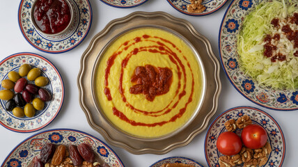 Traditional middle eastern feast: creamy yellow dish, olives, dates, salad, walnuts on ornate plates