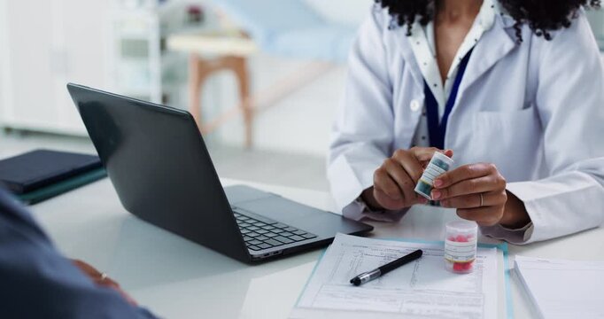 Doctor, hands or laptop with patient medication for consultation, side effect or symptoms in clinic. Woman, health worker or discussion with client for medical dosage or prescription in hospital