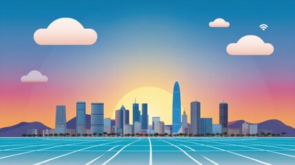 Smart city sunrise skyline with Wi-Fi clouds and digital grid, editable futuristic banner ideal for IoT, 5G, cloud services, and tech presentations.