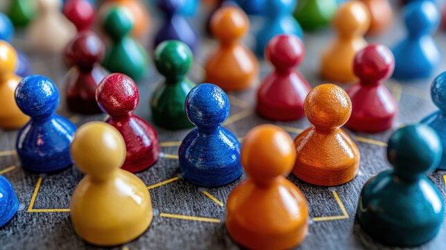Colorful wooden peg figures arranged on interconnected lines on a gray surface