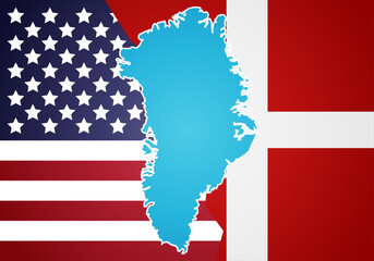 Silueta del mapa de groenlandia sobre las banderas de estados unidos de américa y dinamarca © Gabrieuskal