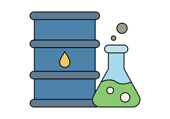 Barril de petr&oacute;leo junto a un matraz de laboratorio con l&iacute;quido verde burbujeante