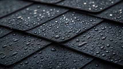 Glossy, dark shingles covered with water droplets, close-up texture and surface